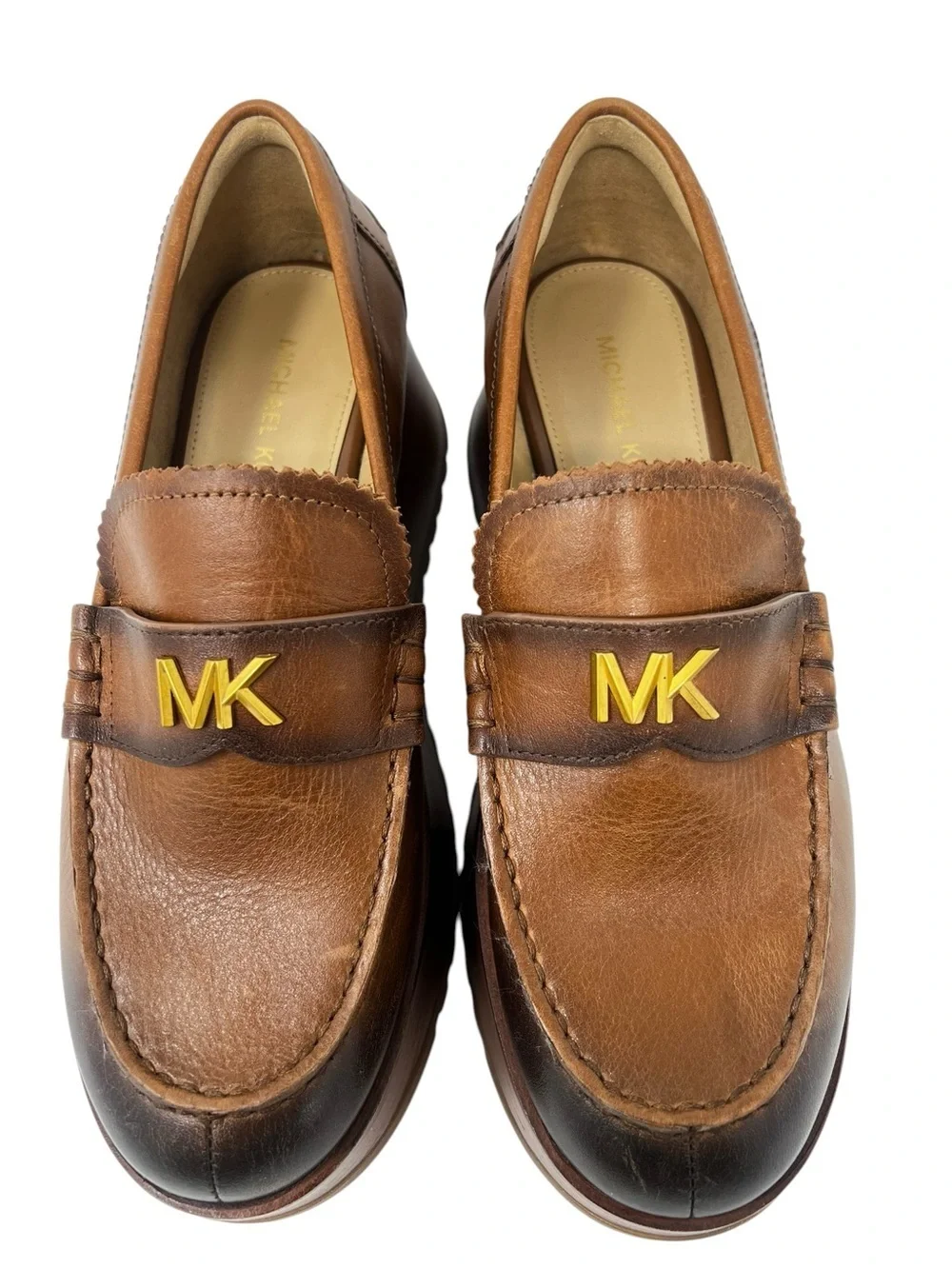 Michael Kors Brown Leather Platform Loafers with Gold MK Accent